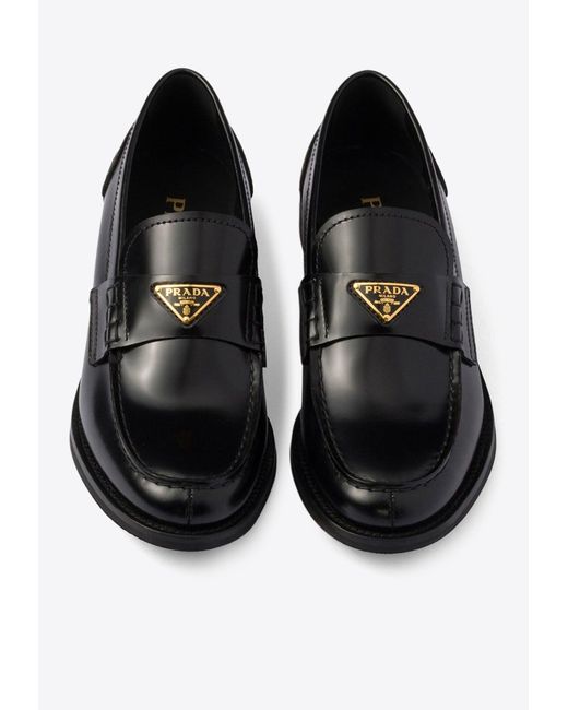 Prada Black Triangle Logo Brushed Leather Loafers