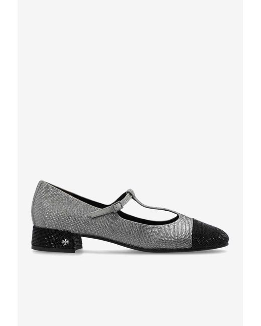Tory Burch White Cap-Toe T-Strap Pavé Ballet Flats