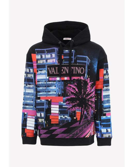Valentino Black Electric City Print Hooded Sweatshirt for men