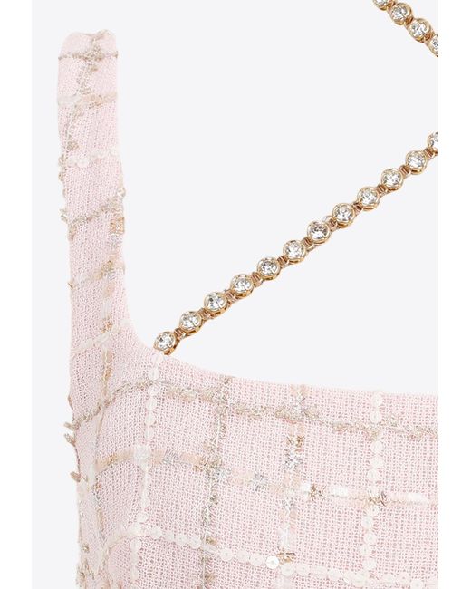 Giambattista Valli Pink Bouclé Chain-Halterneck Knee-Length Dress