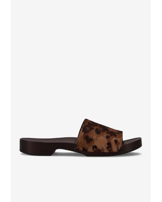 LA ROSE White Leopard Print Studded Leather Clogs