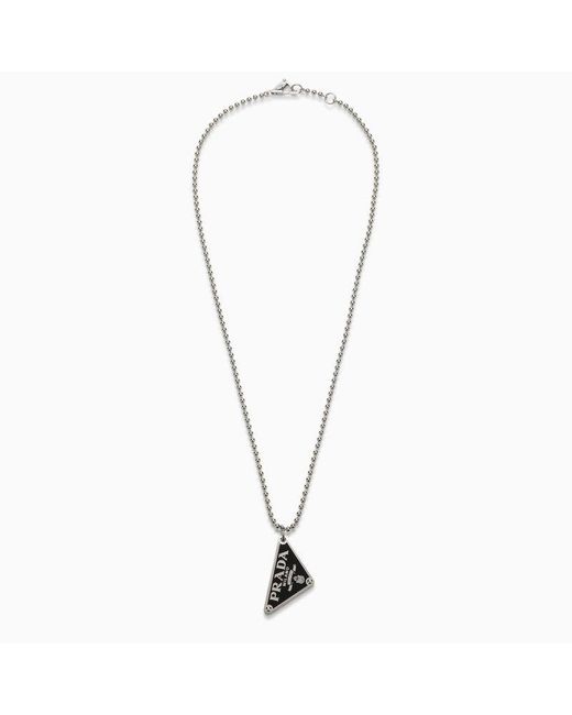 Prada Metallic 925 Silver Necklace With Logo - Black for men
