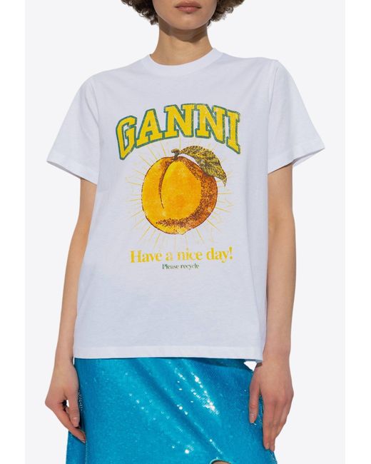 Ganni Fruit Print Crewneck T-Shirt in White | Lyst