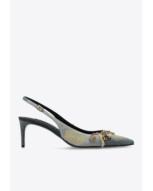 Dolce & Gabbana White 65 Charm Embellished Slingback Denim Pumps