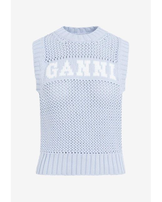 Ganni Blue Crochet-Knitted Logo-Jacquard Sweater Vest
