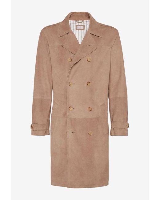 Brunello Cucinelli Natural Double-Breasted Suede Coat for men