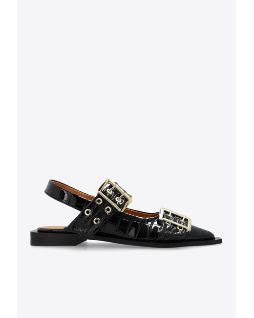 Ganni Black Croc-Embossed Leather Slingback Flats