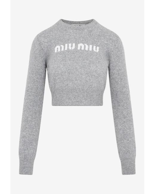 Miu Miu Gray Logo Cropped Sweater In Wool And Cashmere