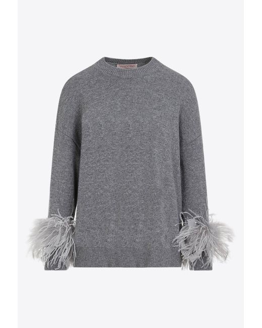 Valentino Gray Feather Trim Wool Sweater