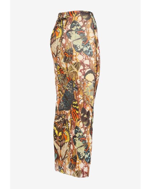 Jean Paul Gaultier Natural Butterfly-Print Maxi Mesh Skirt