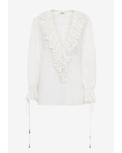 Chloé White V-Neck Ruffled Top
