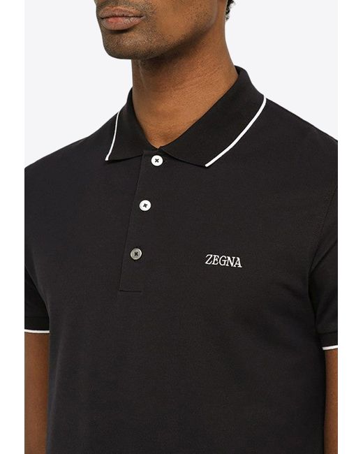 Zegna Black Logo-Embroidered Polo T-Shirt for men