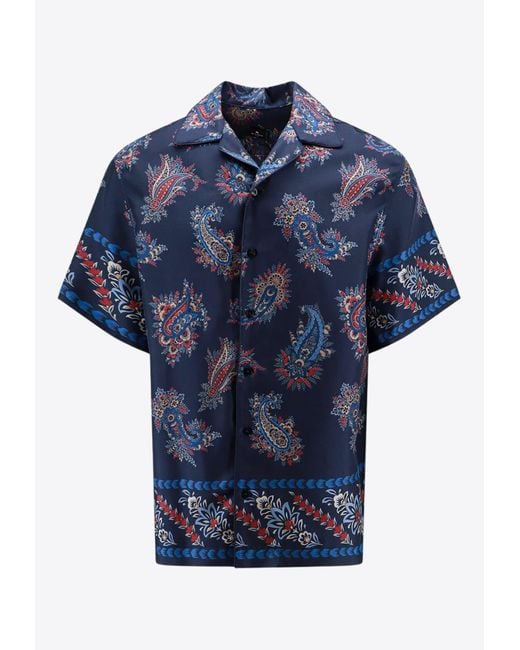 Etro Blue Paisley Print Bowling Silk Shirt for men