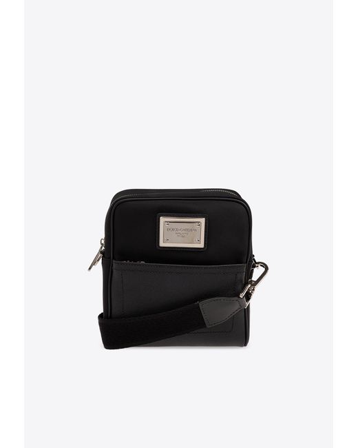 Dolce & Gabbana Black Logo Plaque Grained Leather Messenger Bag for men