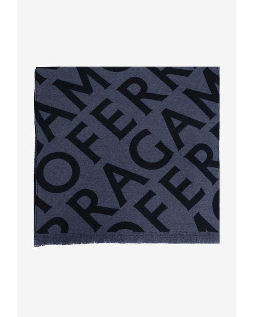 Ferragamo Blue Wool Scarf With Monogram for men