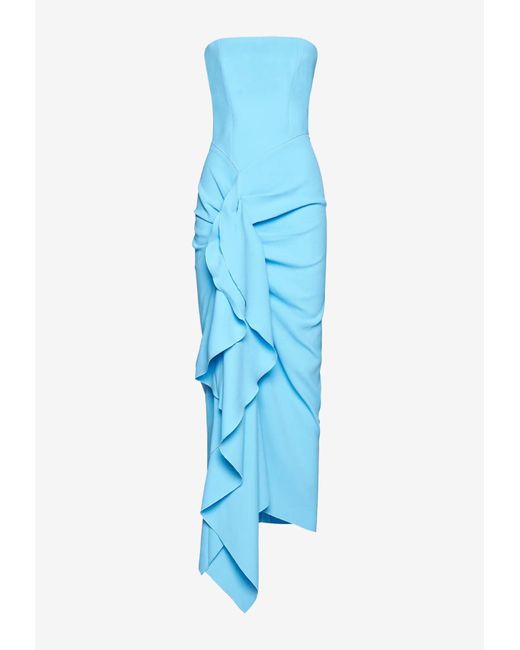 Solace London Blue Thalia Strapless Draped Midi Dress
