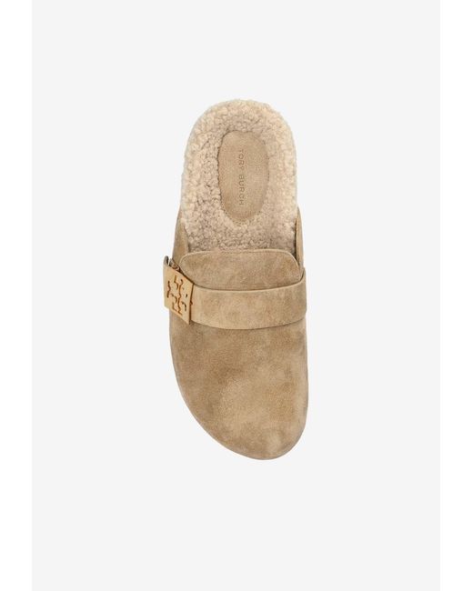 Tory Burch White Mellow Logo Shearling Flat Mules