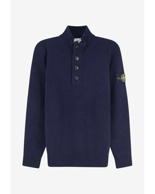 Stone Island Blue Logo Patch Wool Blend Sweater for men