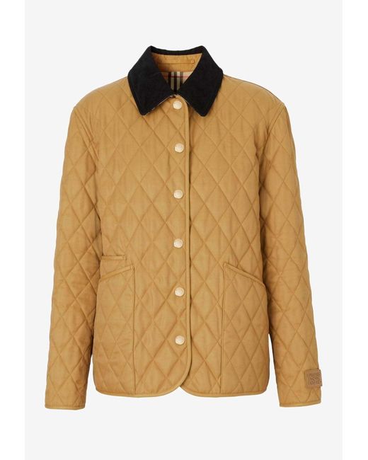 Burberry Natural Corduroy-Collar Diamond-Quilted Jacket