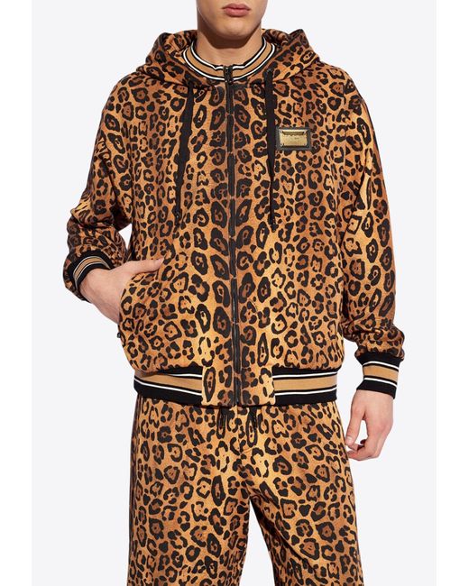 Dolce & Gabbana Brown Leopard Print Drawstring Hoodie for men