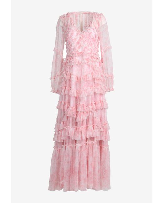Needle & Thread Pink Fleur De Lis Ruffled Mini Dress