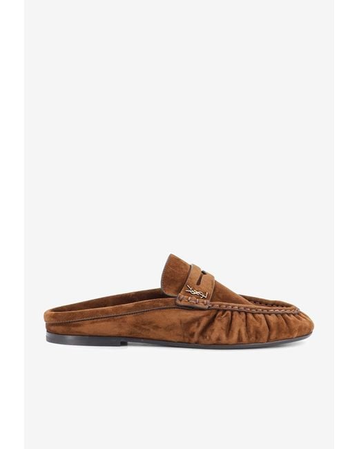 Saint Laurent Brown Cassandre Suede Flat Mules
