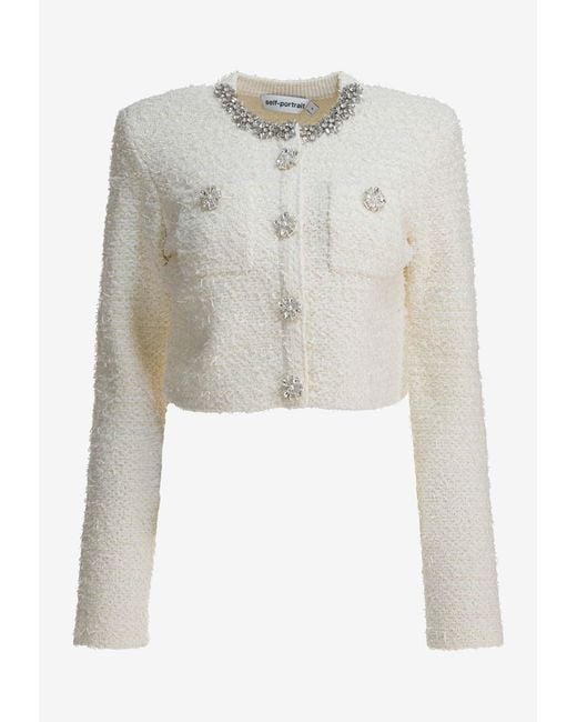 Self-Portrait White Embellished Wool-Blend Cardigan