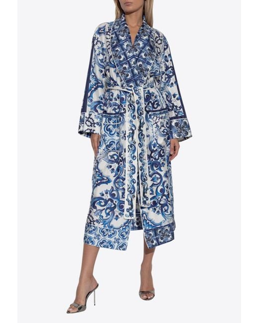 Dolce & Gabbana Blue Majolica Print Silk Robe