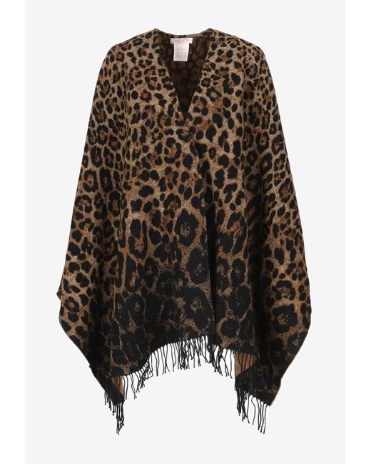 Valentino Black Leopard Print Poncho In Wool Blend