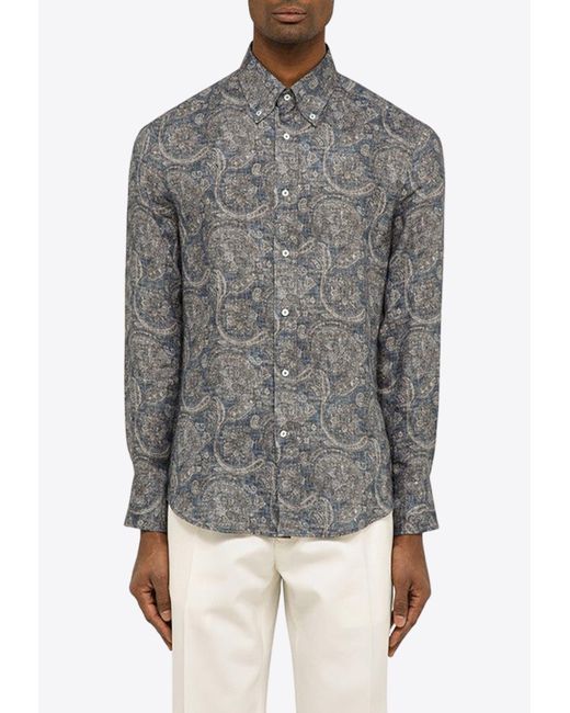 Brunello Cucinelli Gray Paisley Print Long-Sleeved Shirt for men