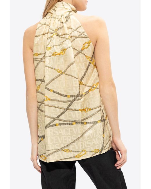 Versace Natural Halterneck Printed Silk Top