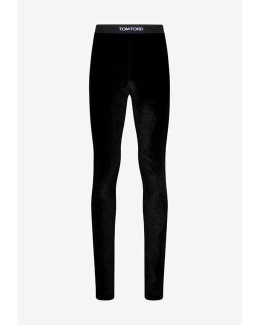 Tom Ford Black Logo-Waistband Velvet Leggings