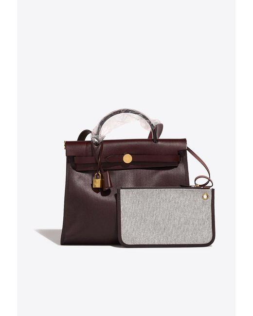 Hermès Multicolor Herbag 31 In Cassis / Ecru Toile And Rouge Sellier Vache Hunter With Gold Hardware
