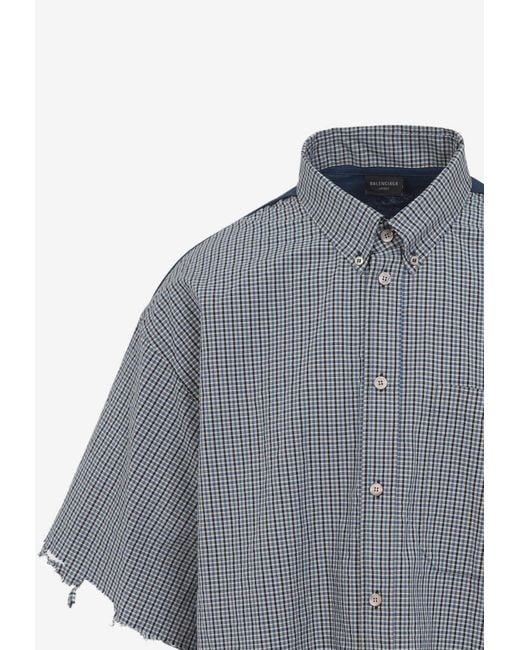 Balenciaga Gray Short-Sleeved Checked Distressed Shirt for men