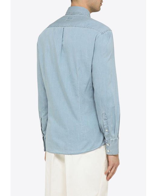 Brunello Cucinelli Blue Long-Sleeved Denim Shirt for men
