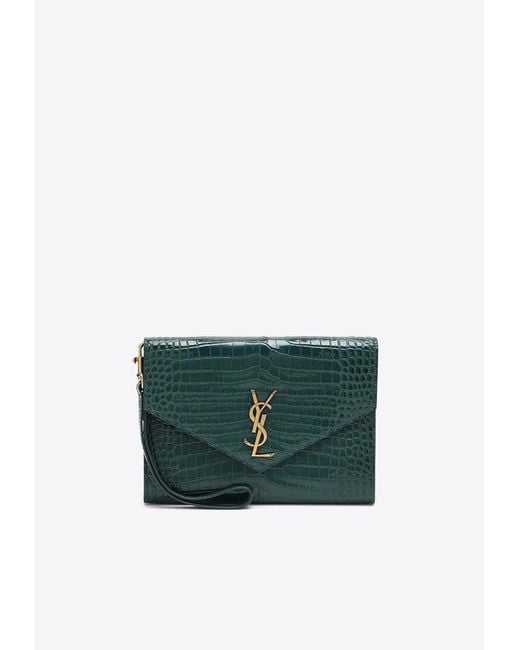 Saint Laurent Green Cassandre Envelope Pouch Bag In Croc-embossed Leather