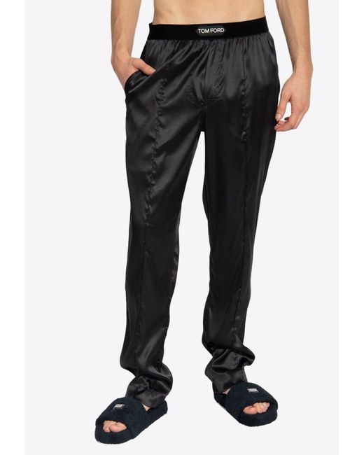 Tom Ford Black Logo-Waistband Stretch Silk Pajama Pants for men
