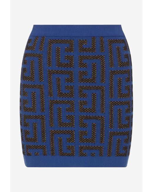 Balmain Pharaoh Monogram Knit Mini Skirt in Blue | Lyst UK