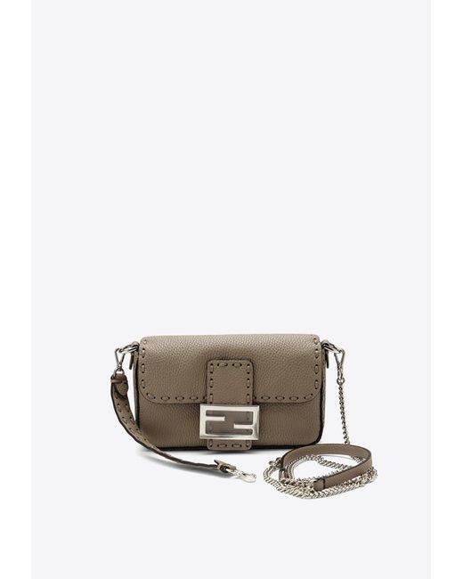 Fendi Gray Mini Baguette Calf Leather Shoulder Bag