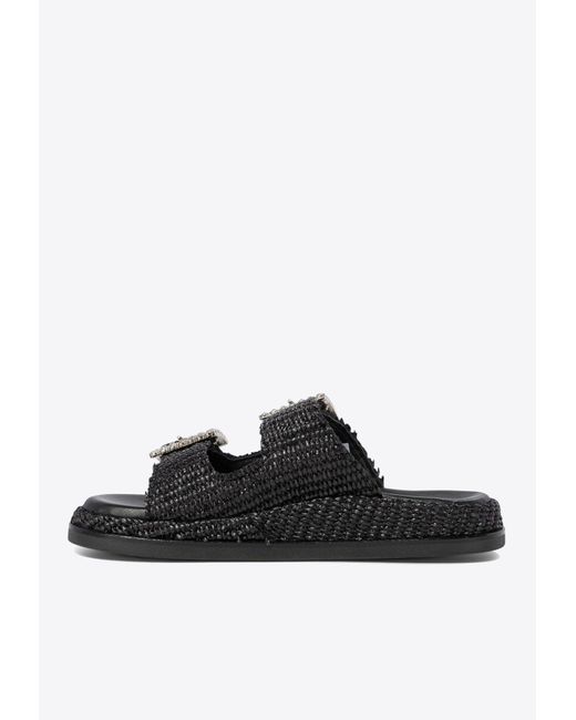 Alibi Black Greta Crystal Buckle Raffia Sandals