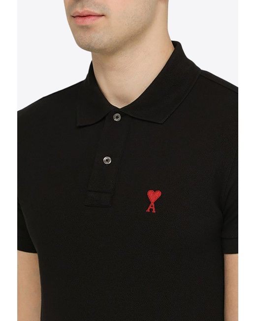 AMI Black Logo Embroidered Polo T-Shirt for men