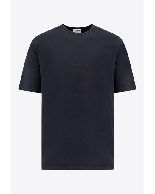 Saint Laurent Blue Crewneck T-Shirt With Embroidered-Logo for men