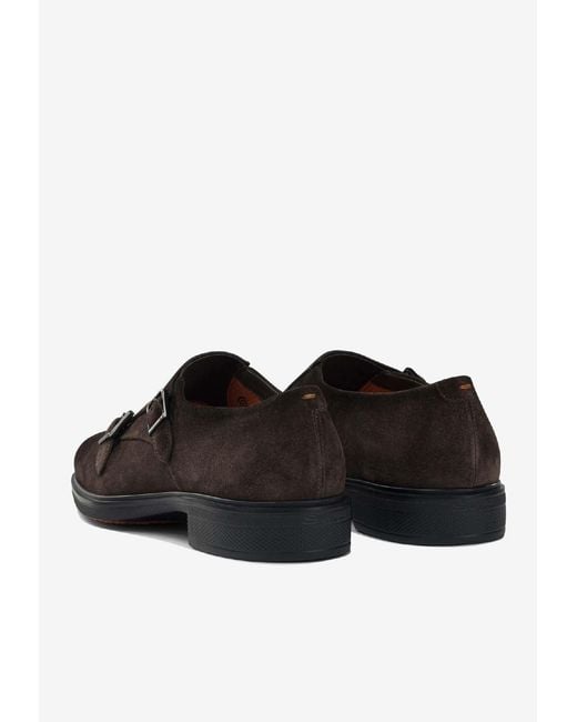 Santoni Black Suede Monk Strap Shoes for men