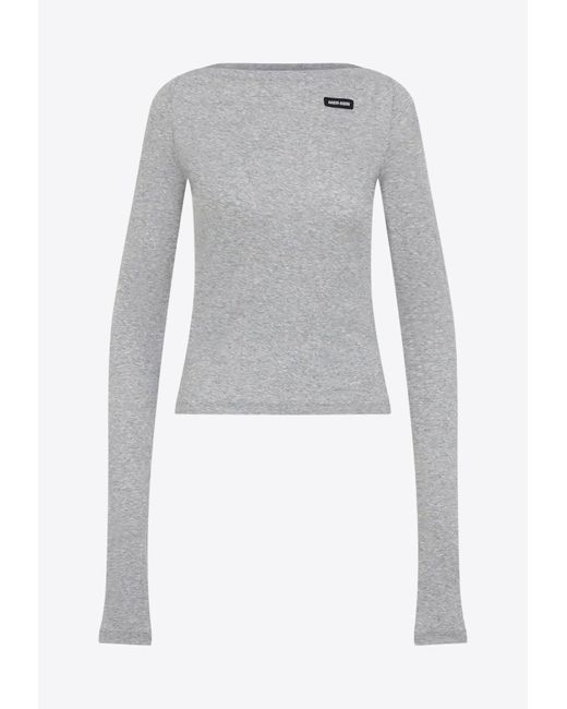 Miu Miu Gray Logo Patch Boat-Neck Top