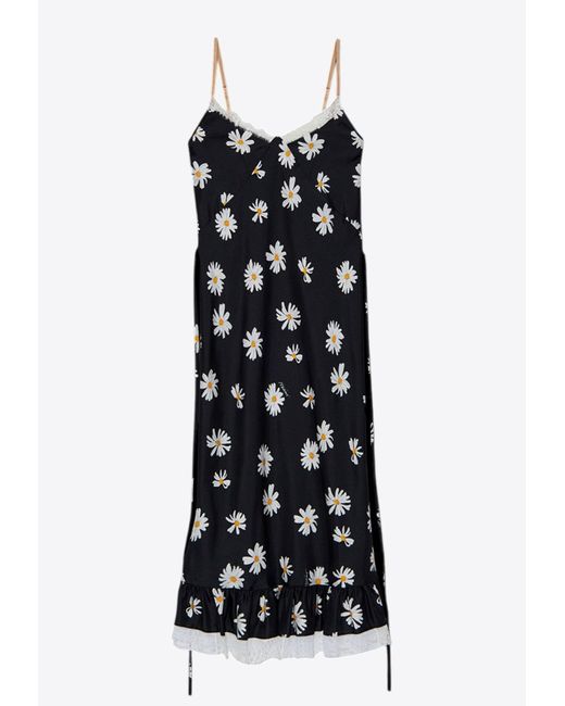 Moschino Black All-Over Daisy Print Silk Twill Midi Dress