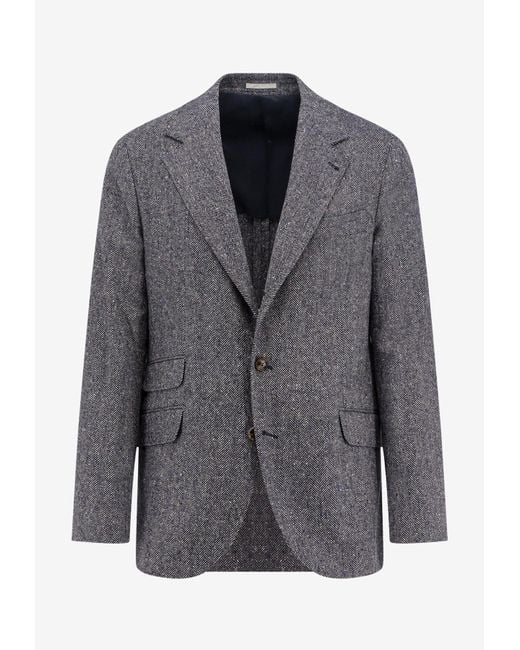 Brunello Cucinelli Gray Single-Breasted Herringbone Wool Blazer for men