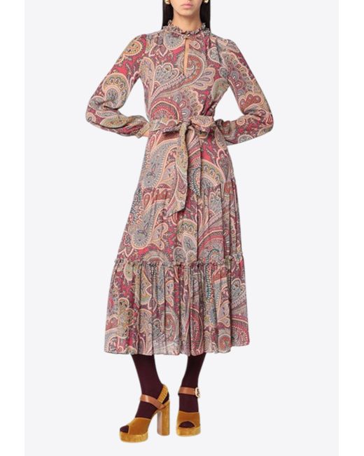 Etro Multicolor Paisley Print Ruffled Midi Dress