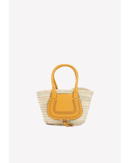 Chloé Yellow Marcie Tote Bag In Raffia And Calf Leather