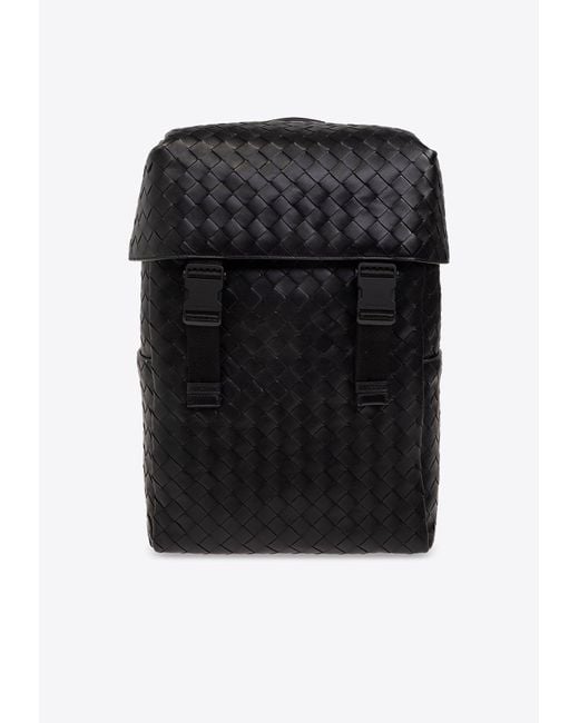 Bottega Veneta Black Intrecciato Leather Flap Backpack for men