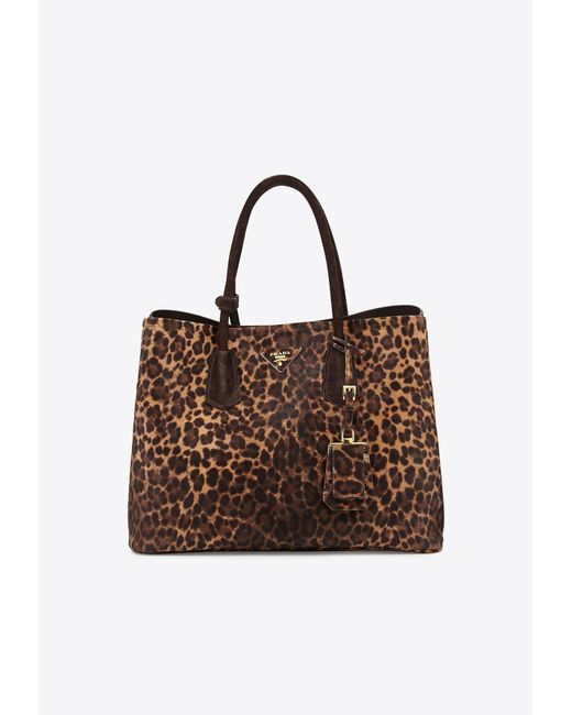 Prada Brown Leopard-Pattern Suede Tote Bag